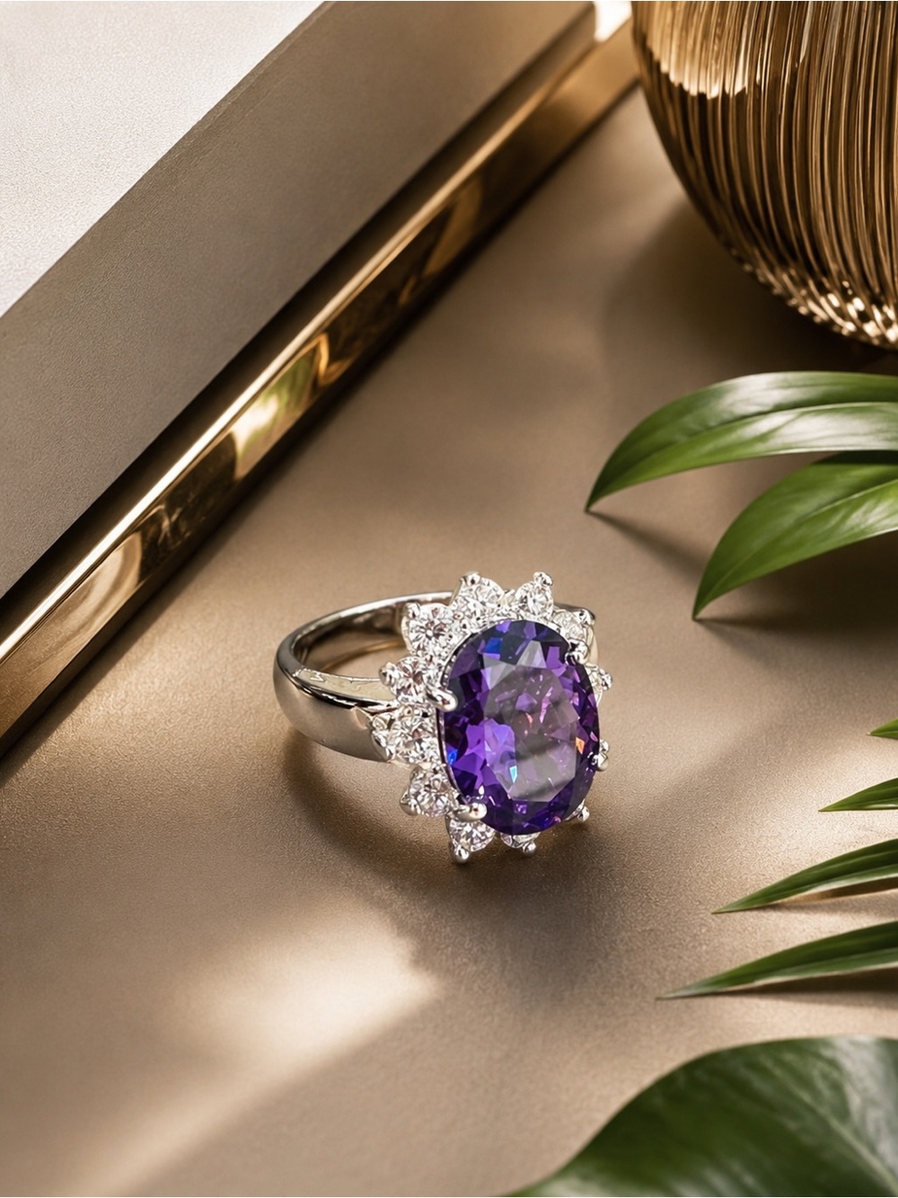 🆕❤️Cubic Zirconia Purple Oval Halo Ring with White Accent Stones